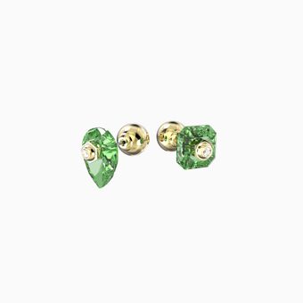 Numina stud earrings, Asymmetrical, Green, Gold-tone plated